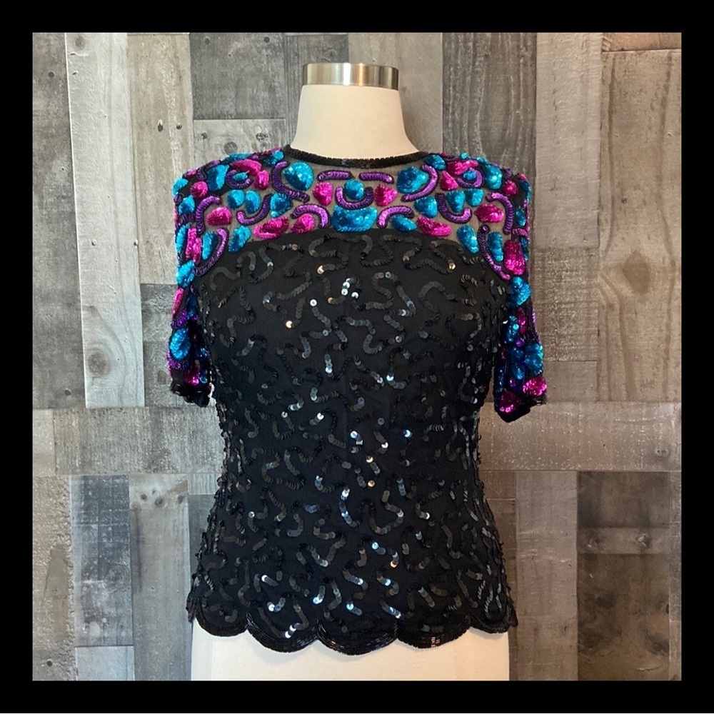 Stenay vintage 80s beaded sequin top large silk scalloped hemline Mermaidcore